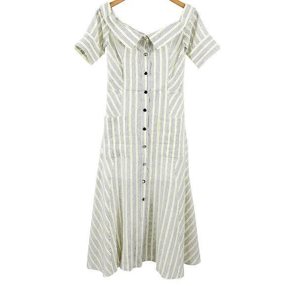 Veronica Beard | Dresses | Veronica Beard Linen Dress White And Yellow  Pinstripe Off Shoulder Sz 2 Summer | Poshmark